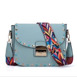 Faux Leather Studded Blue Crossbody Bag